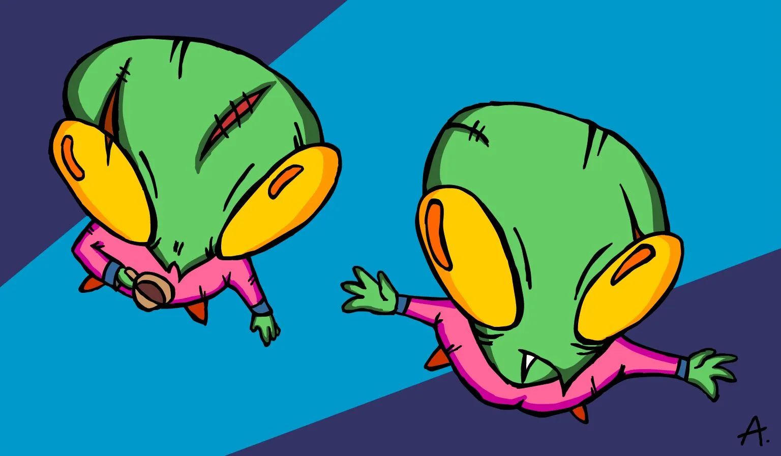 Friendly alien character sending colorful greetings down from the skies above Earth