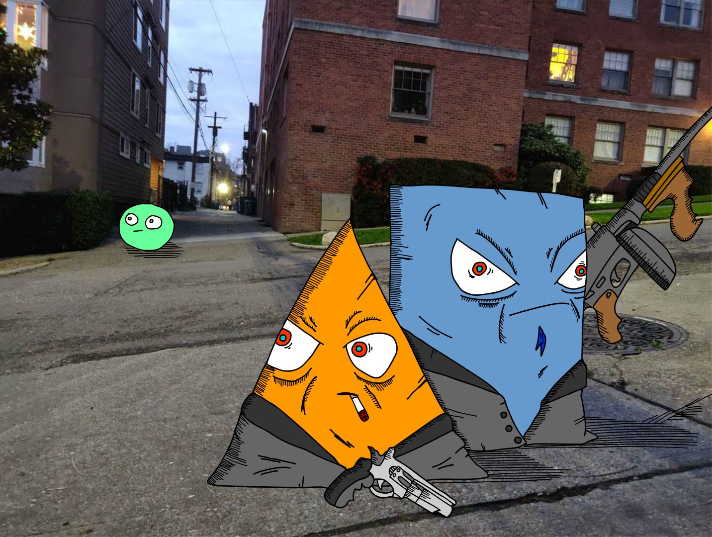 Triangle and Square monster gang ready to shoot at Round monster