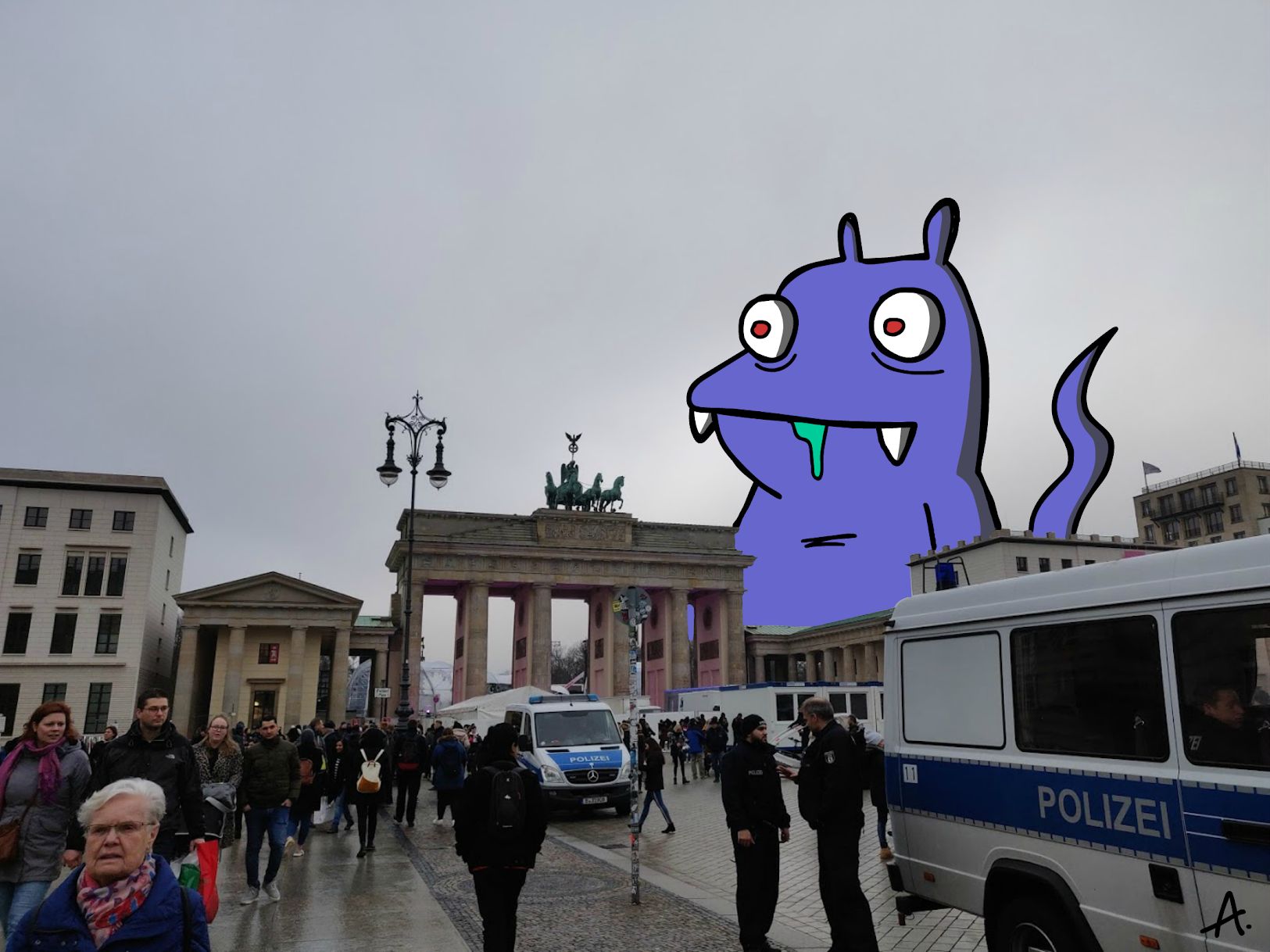 Berling Brandenburg Door being attacked by purple innocent monster
