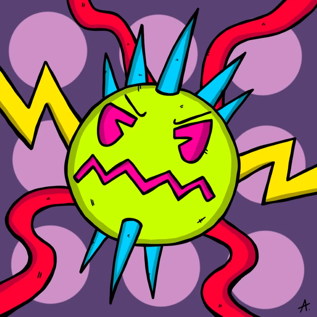 Sinister oversized ball character with menacing eyes rolling with evil intent