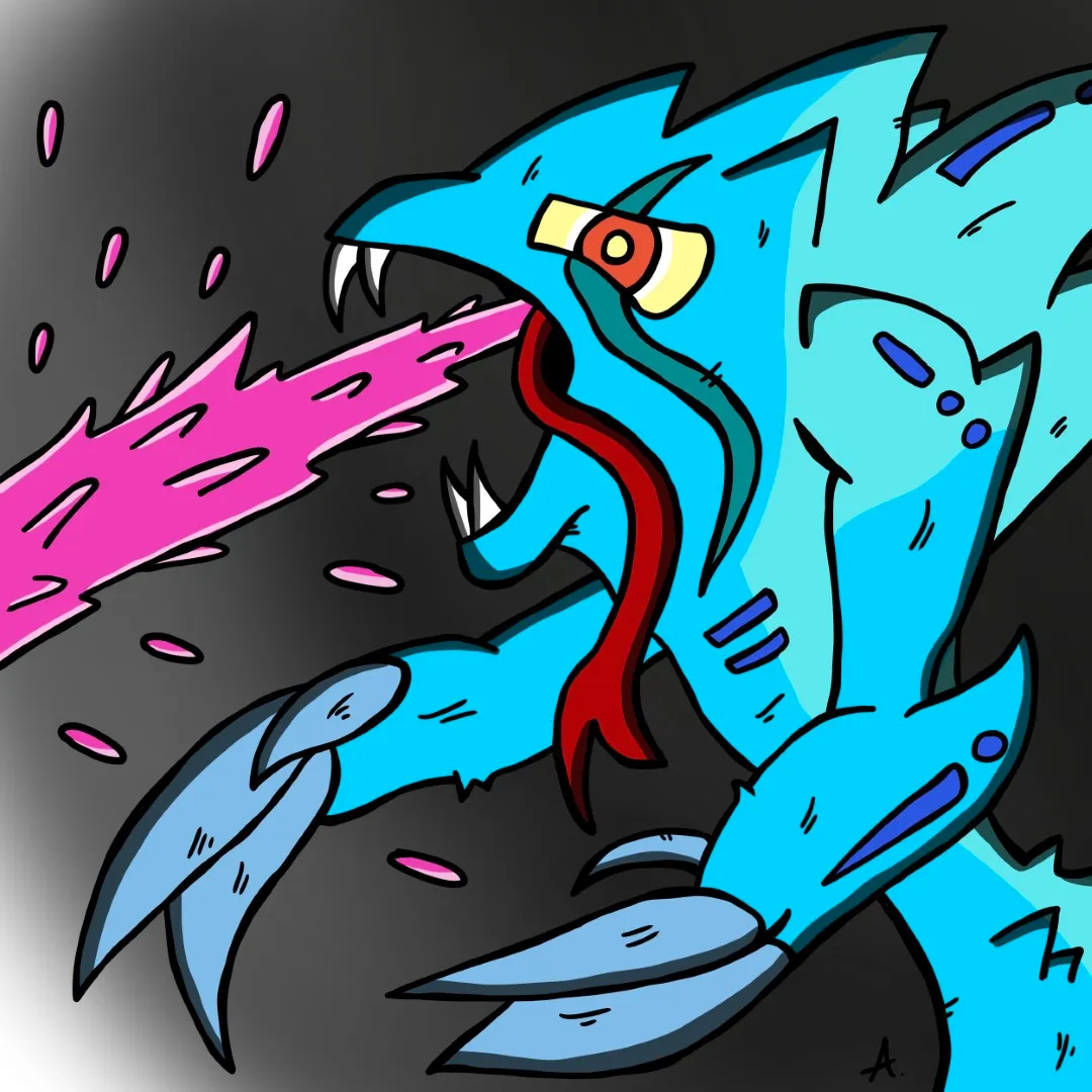 Massive frost creature stomping through a raging blizzard of ice and snow