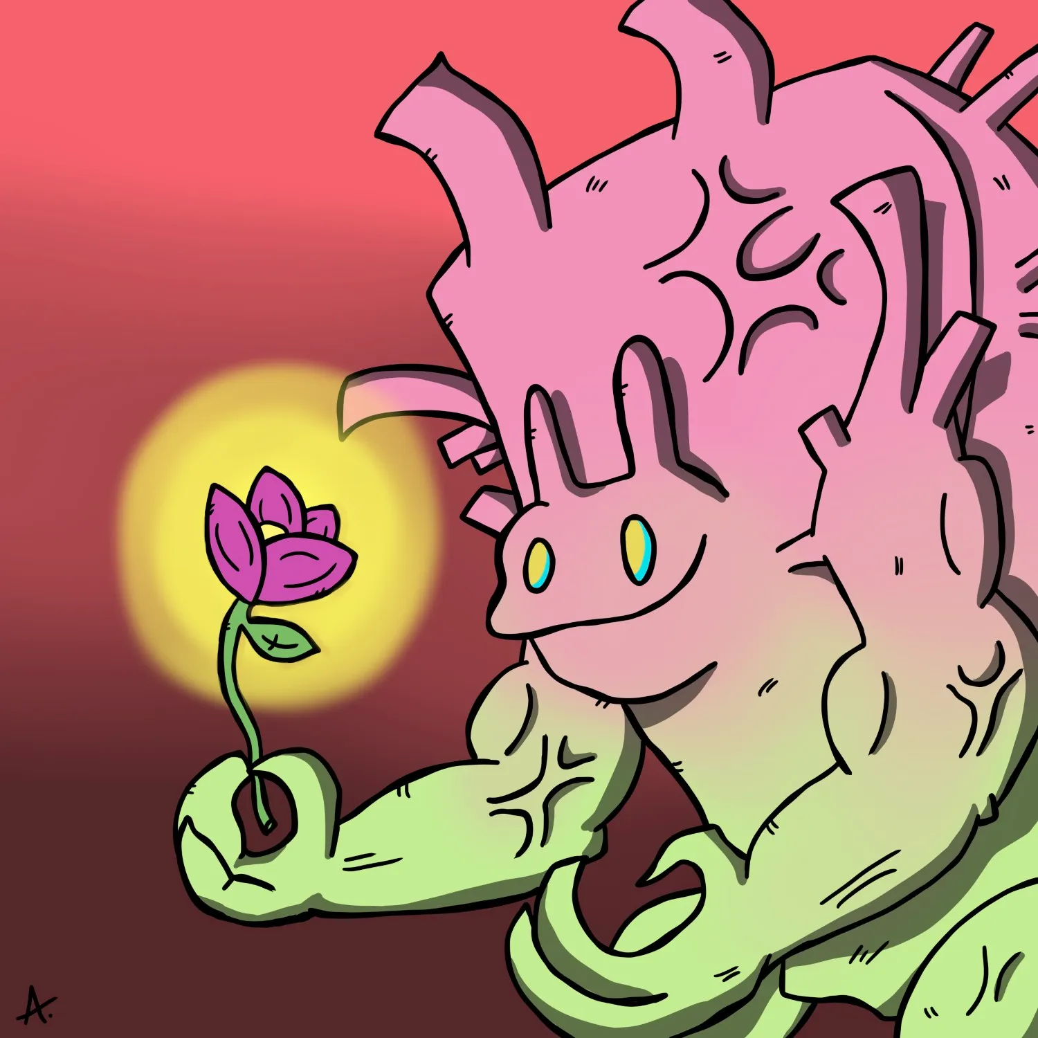 Mystical character tending to magical blooming flowers echoing across distant lands