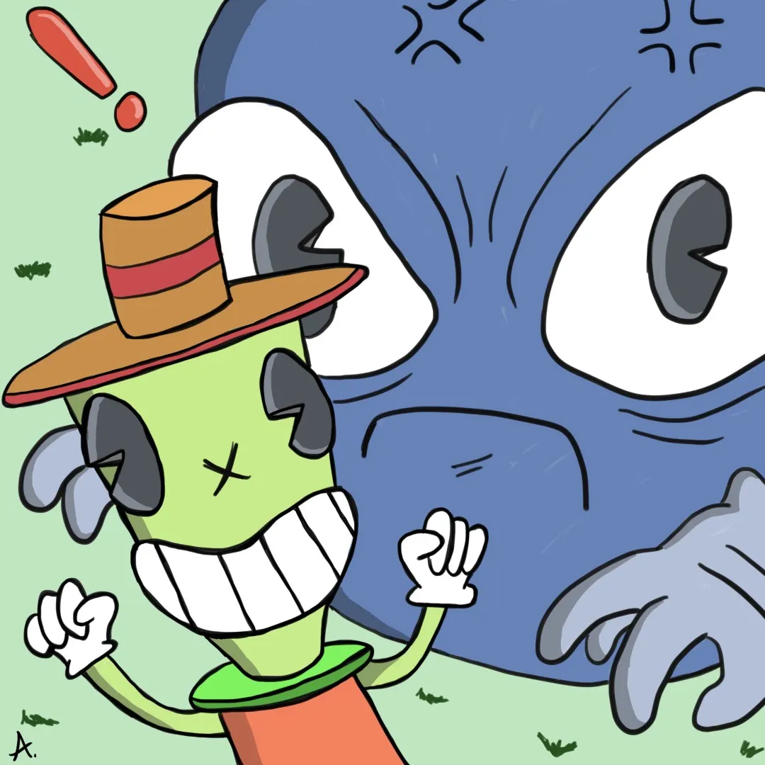 Cuphead like character running away from big blue monster