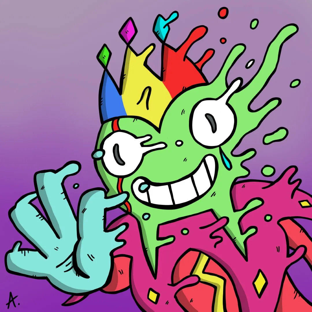 Exuberant clown character bursting with overwhelming joy and vibrant bold colors