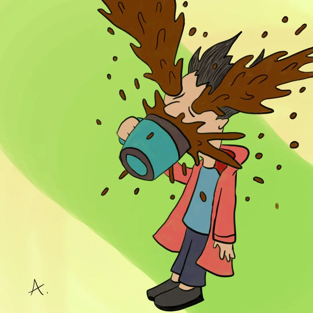 Guy drinking so much coffee it's coming out of his eyes