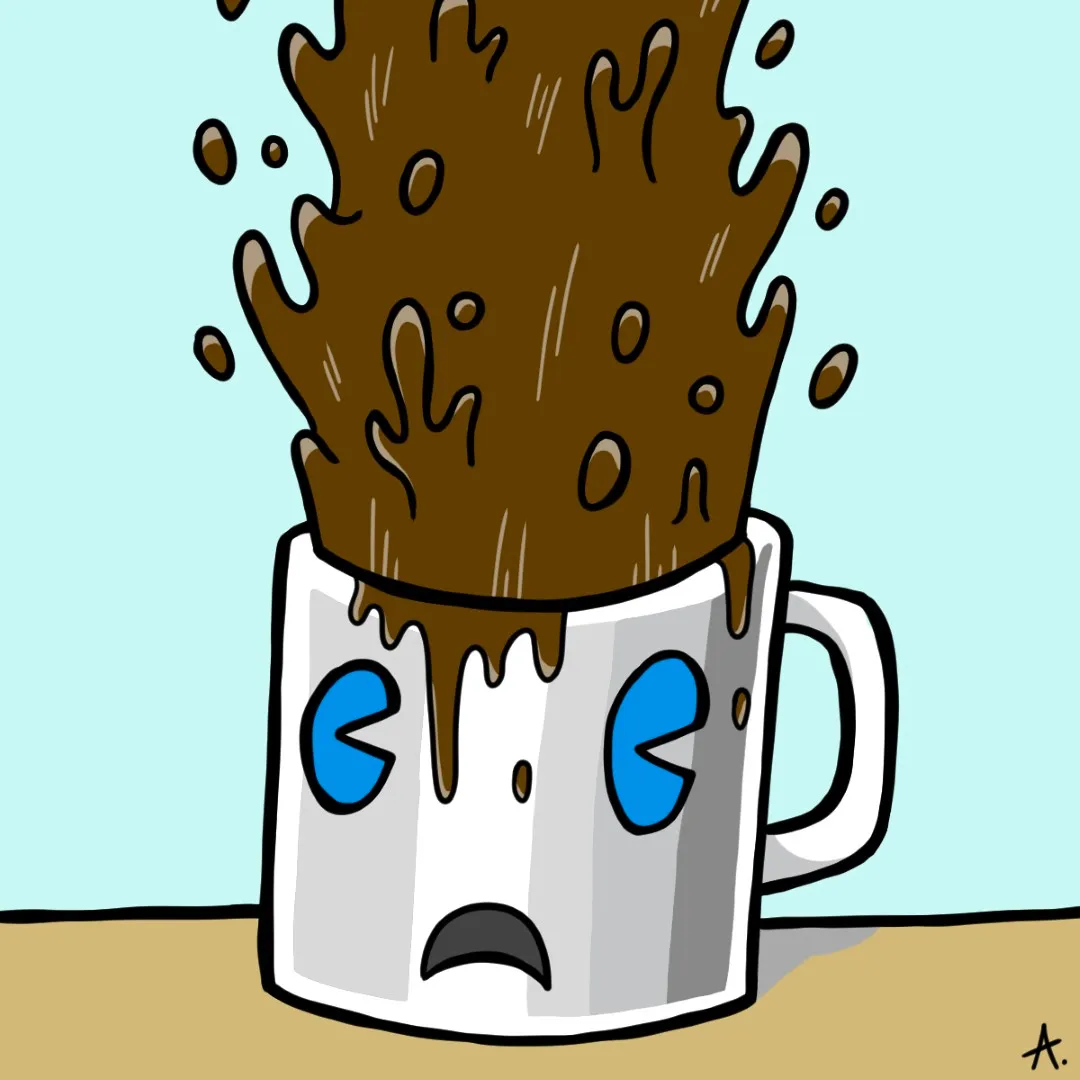 Over-caffeinated cartoon character buzzing with jittery coffee-fueled vibrant energy