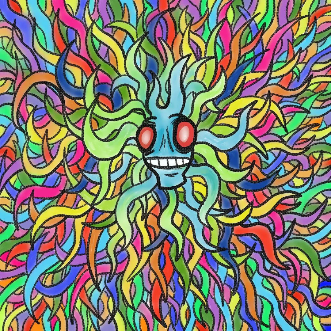 Little blue head with thousands of multi-color tentacles coming out of it