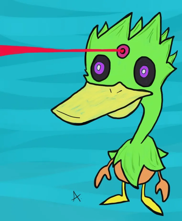 Green duck shooting a red ray from his third eye