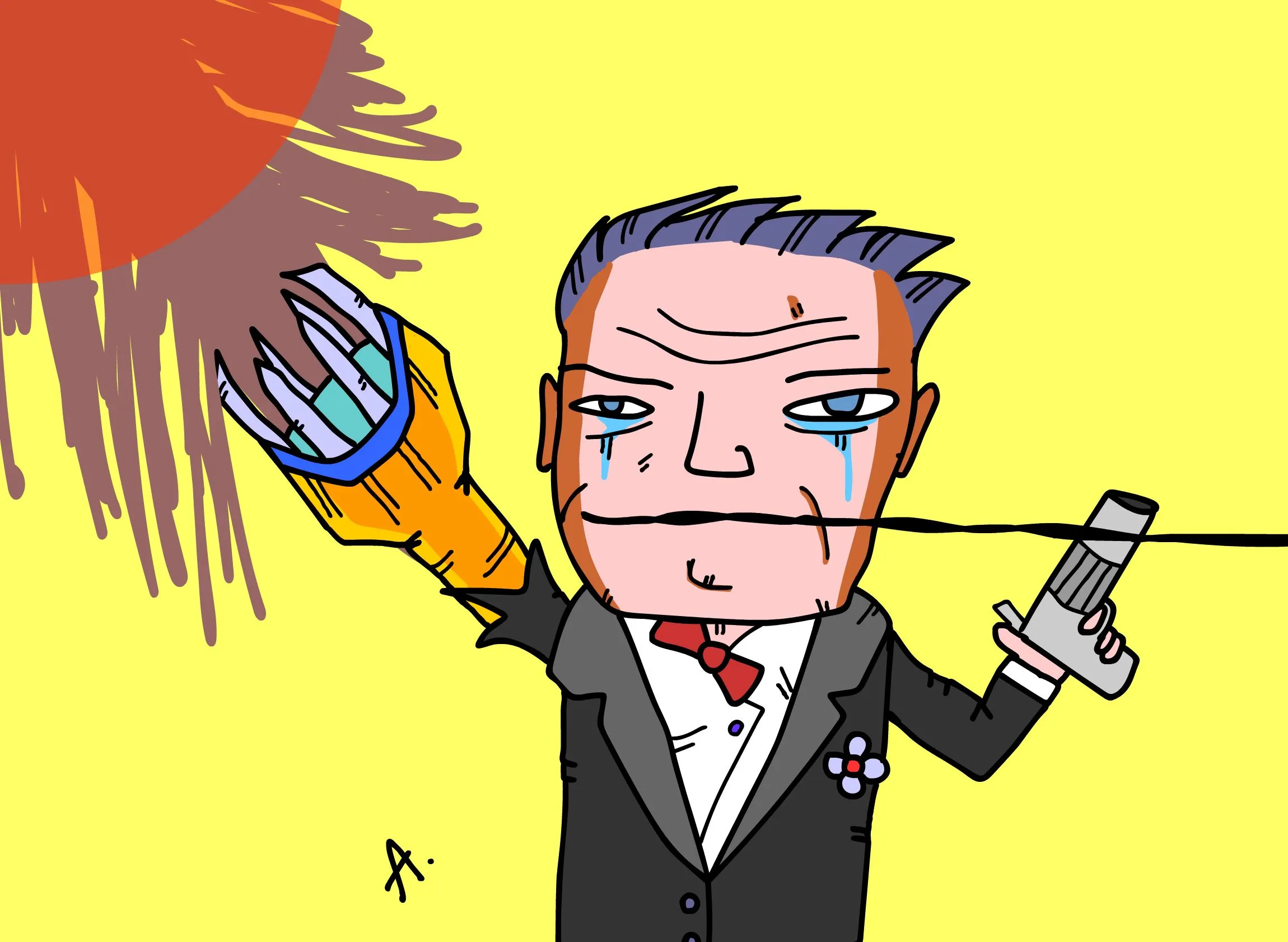 Elon Musk like person with robotic arm shooting at the sun