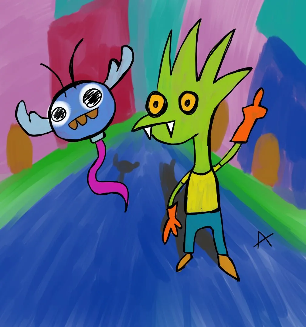 Green guy with flying monster rising his finger to society