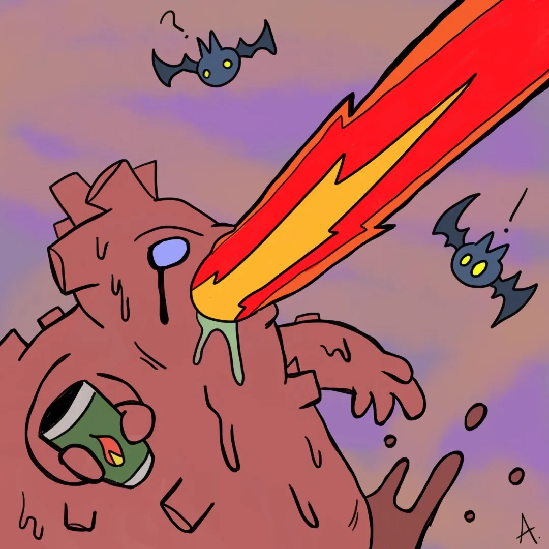 Volcano monster throwing fire out of his mouth with some bats around