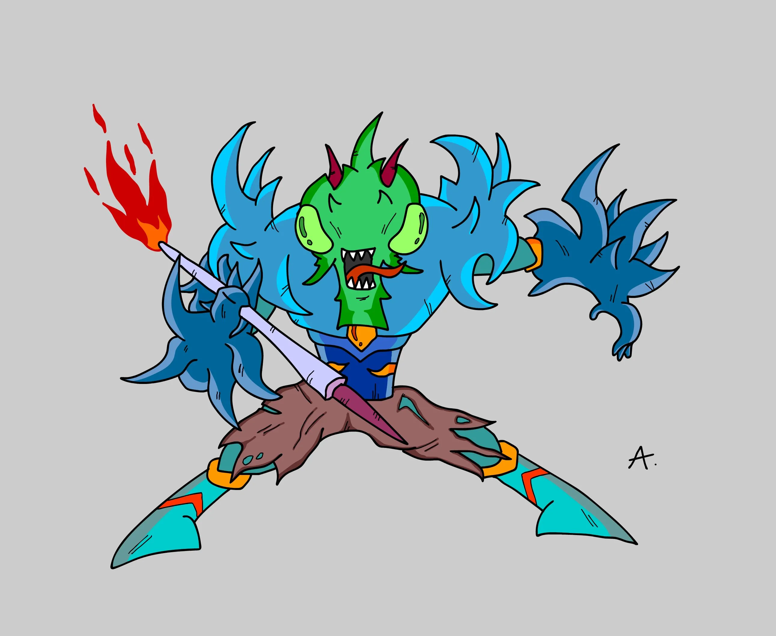 Alien faced monster with a big spear that has fire in it