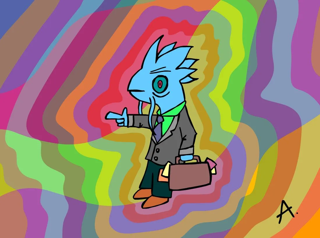 Colorful fish character swimming joyfully through a vibrant sea of bright rainbows