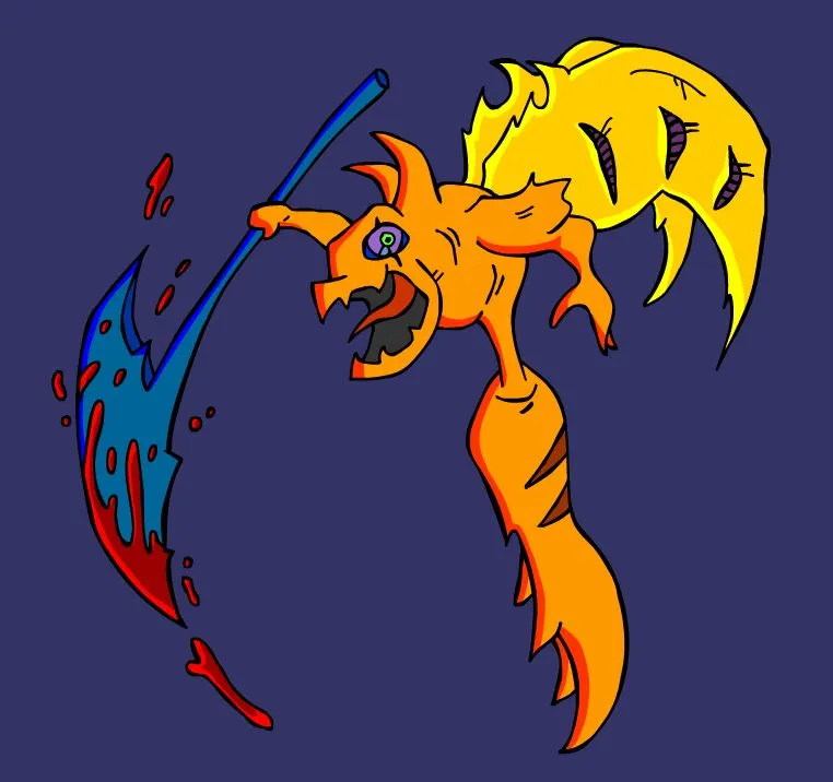 Desperate flying devil character raging after running out of precious colorful coffee