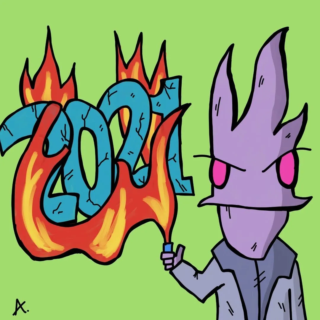 Frustrated cartoon character expressing colorful rage and discontent toward the year