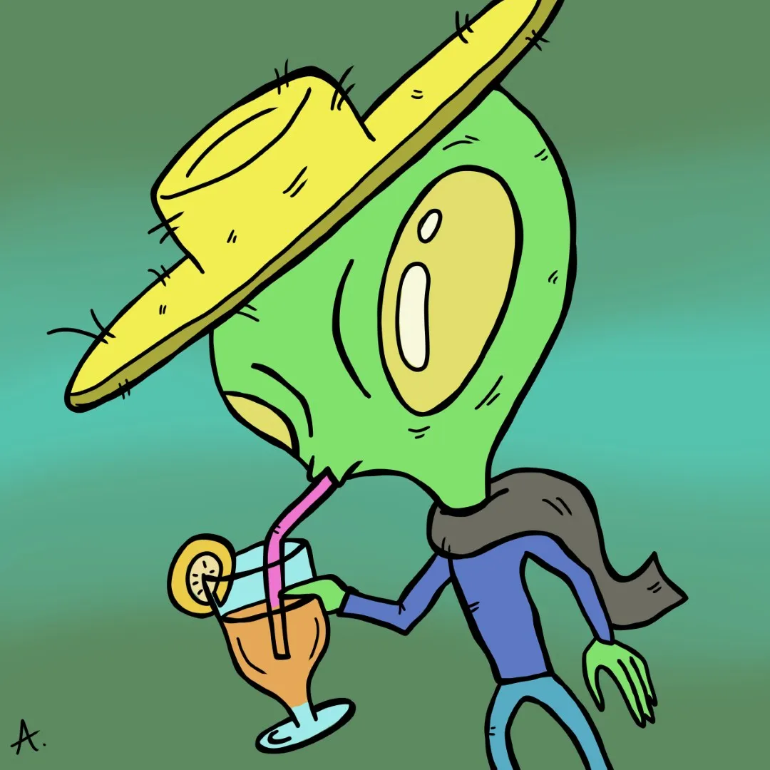 Space-faring farmer character enjoying a refreshing cosmic drink among the stars