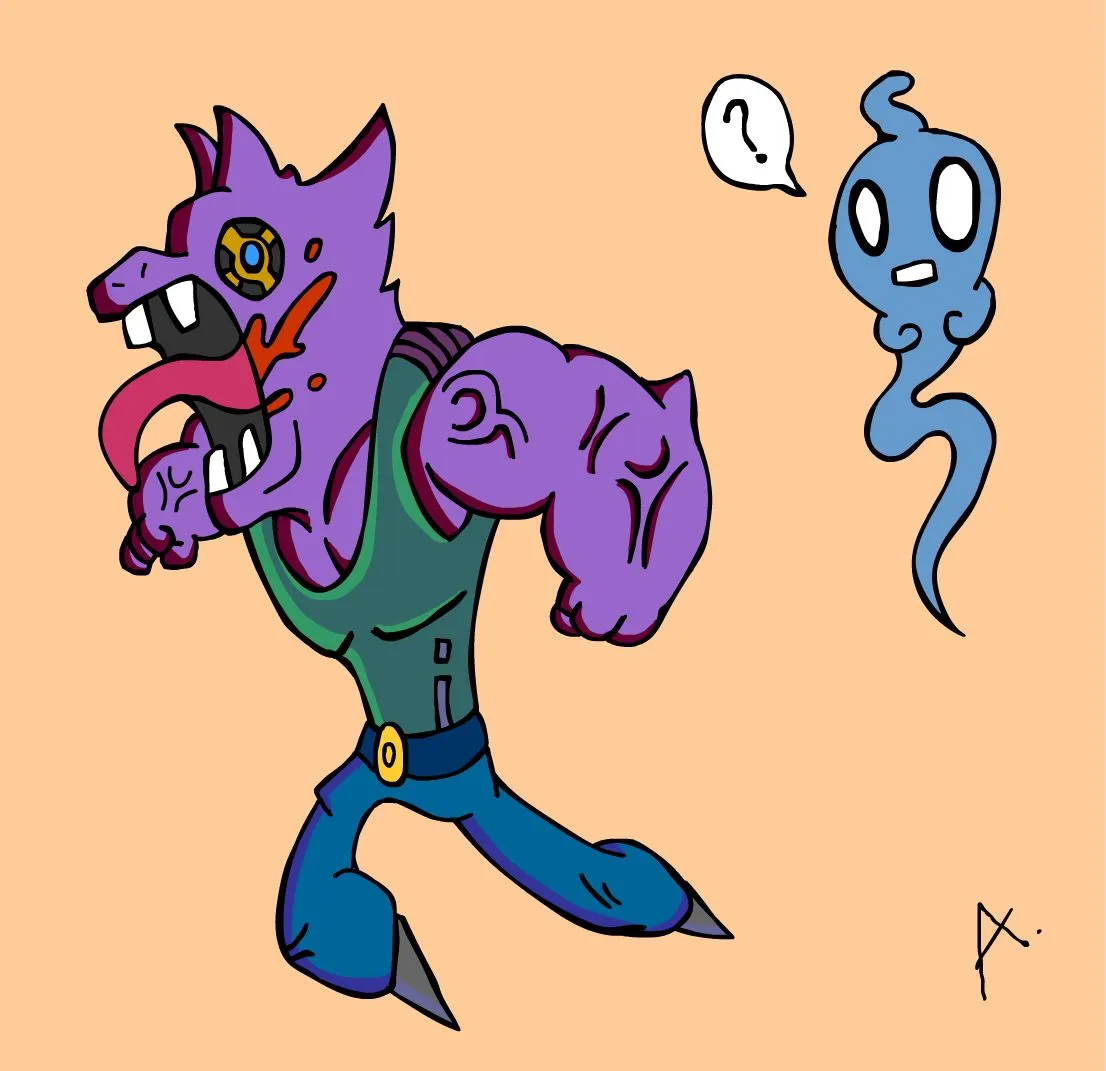 Panicked character sprinting away from pursuing colorful inner ghost apparitions