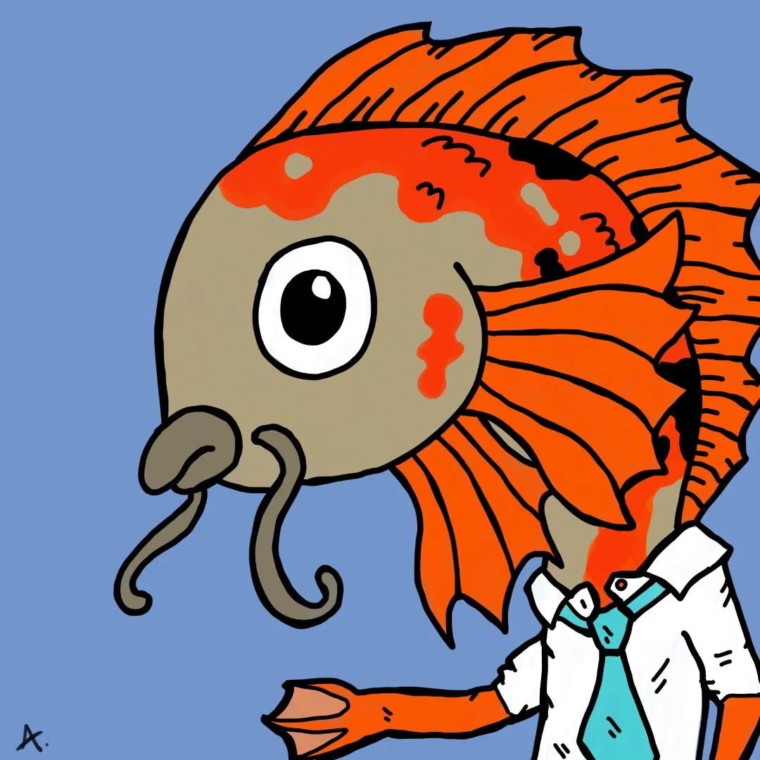 Mischievous goldfish character involved in unexpected colorful monkey business antics