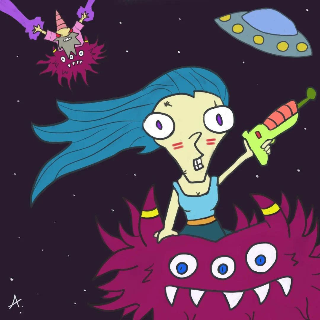 Girl escaping from magician in space. There is also a spaceship nearby.