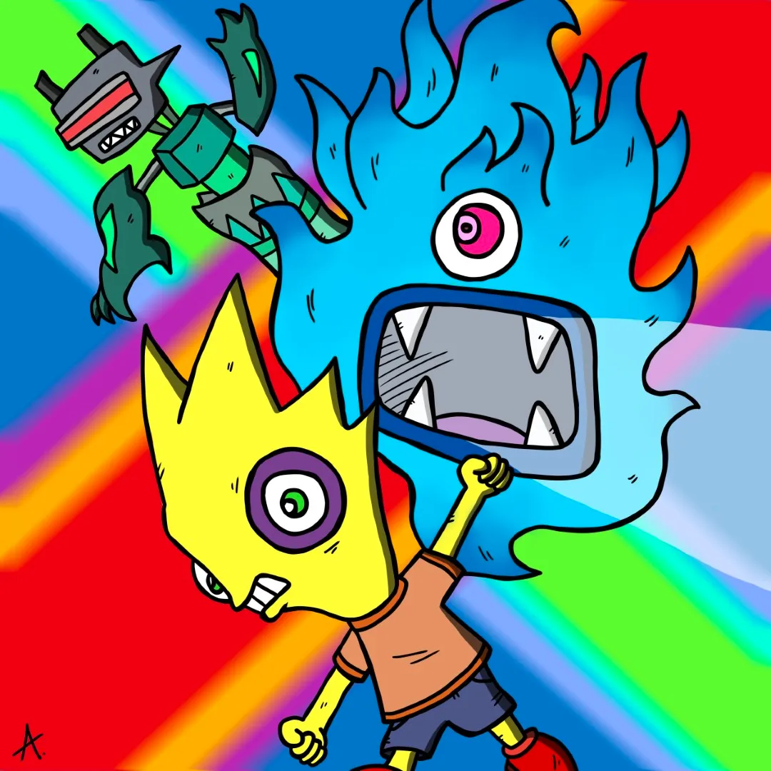 Bold trio of a guy with metallic armor riding a fierce colorful beast