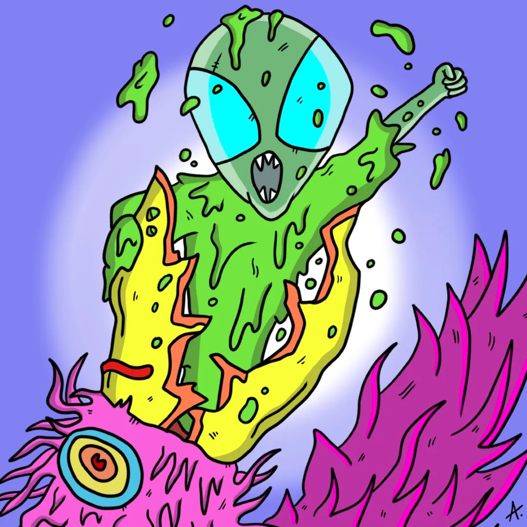 Whimsical illustration showing the colorful humorous origin story of cartoon aliens