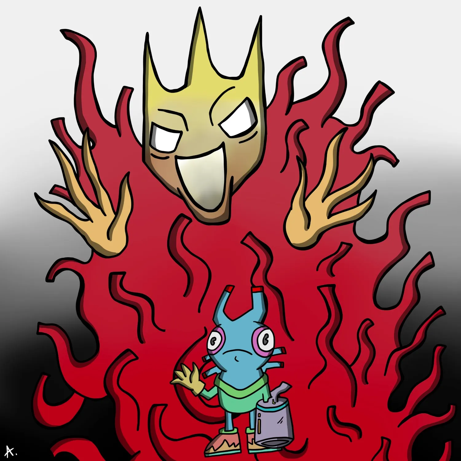 Intense character caught in the crushing grip of a blazing colorful inferno