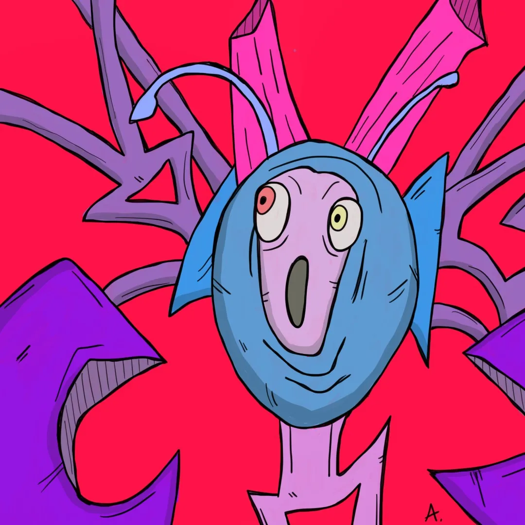 Blue robot looking at something shocked