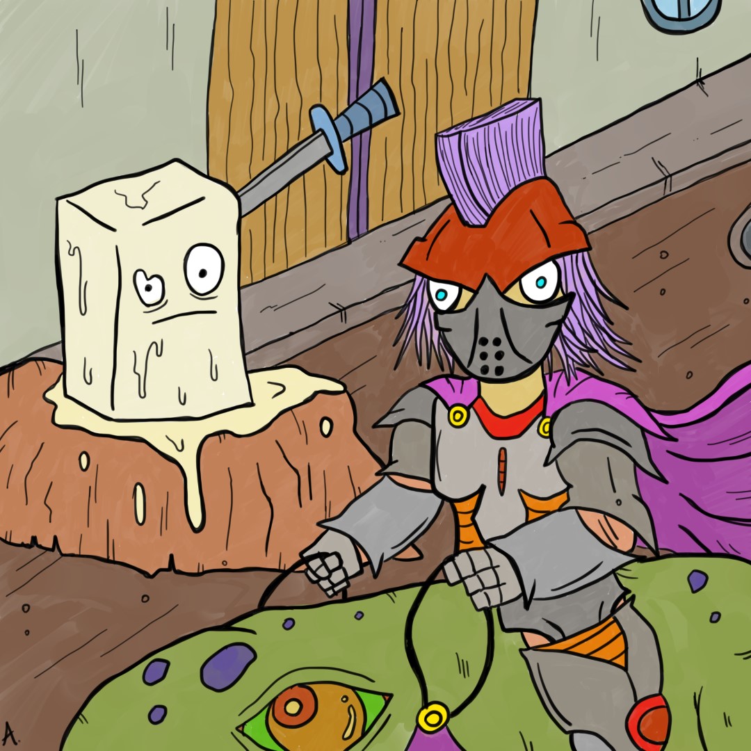 Knight riding a frog monster after stabbing a soap in the streets