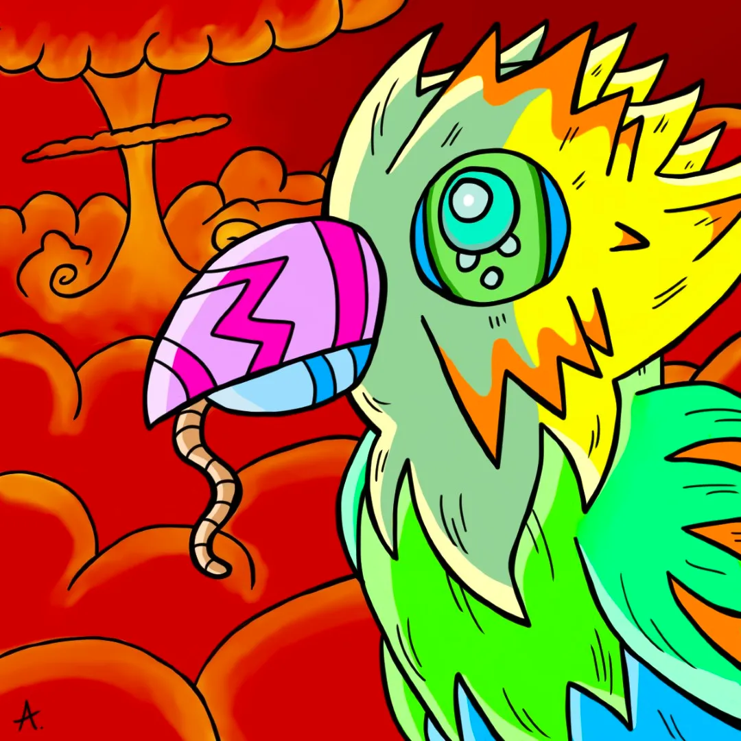 Dramatic cartoon reimagining of a final supper scene with colorful quirky characters