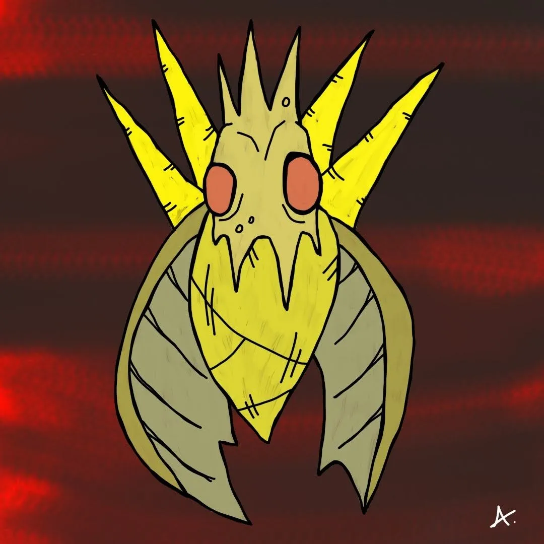 Colorful cartoon moth character with detailed vibrant wings drawn to bright light