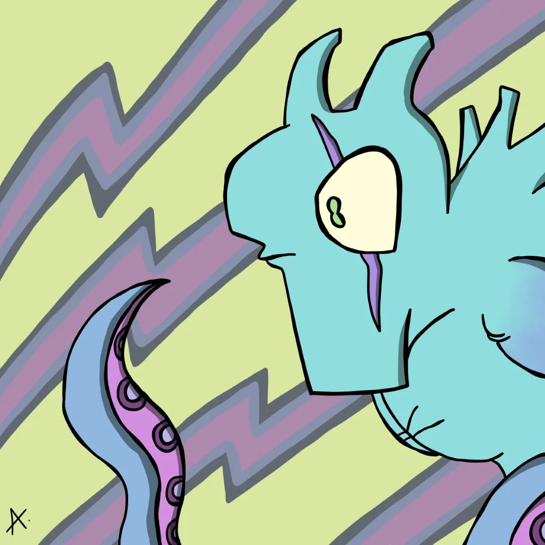 Vibrant neon-colored nautilus creature glowing with electric blues and bright colors