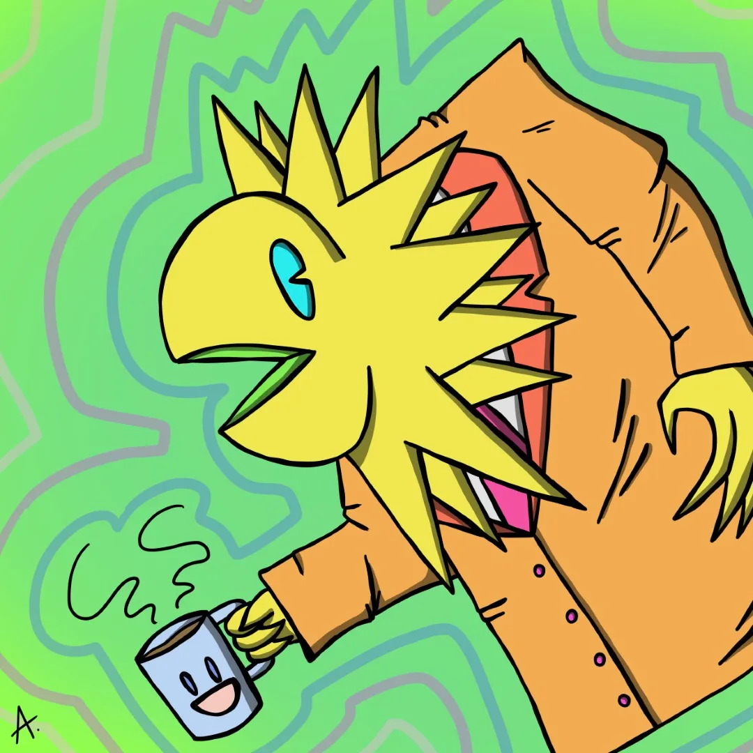 Quirky cartoon character enduring a chaotic and colorful day at the office