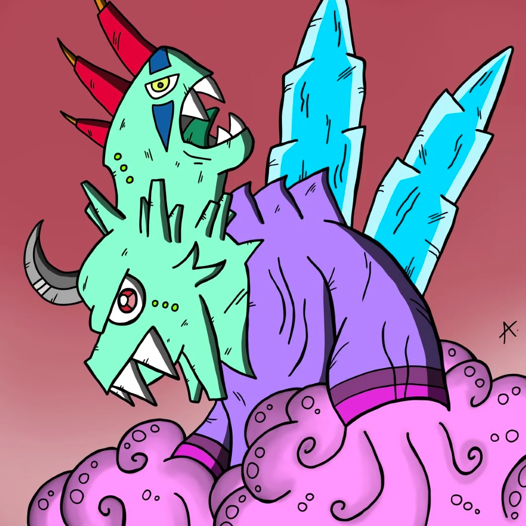 Threatening character emerging from swirling pink mist with menacing colorful intent