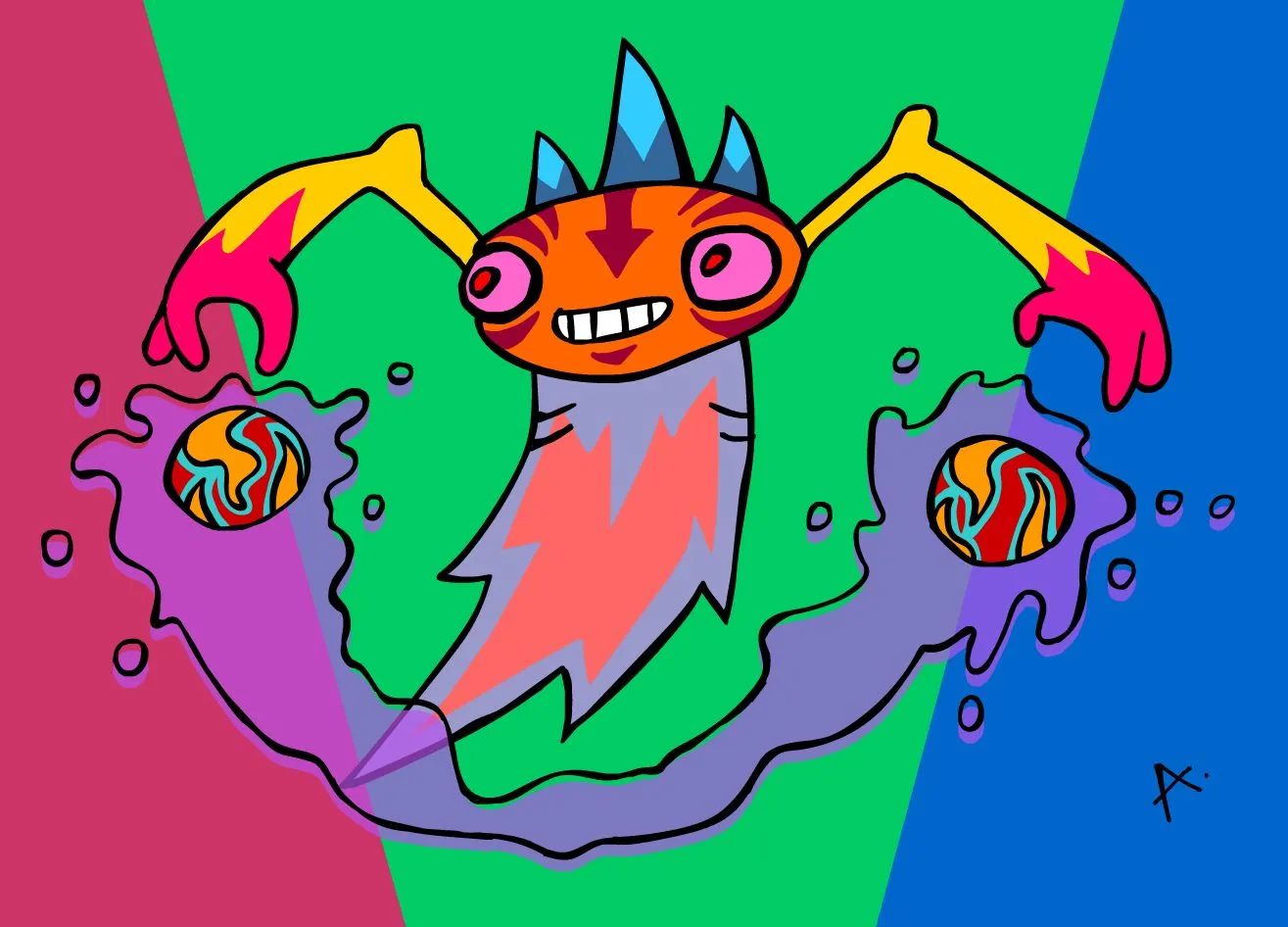 Reluctant character dragged into a chaotic colorful Monday morning carnival scene