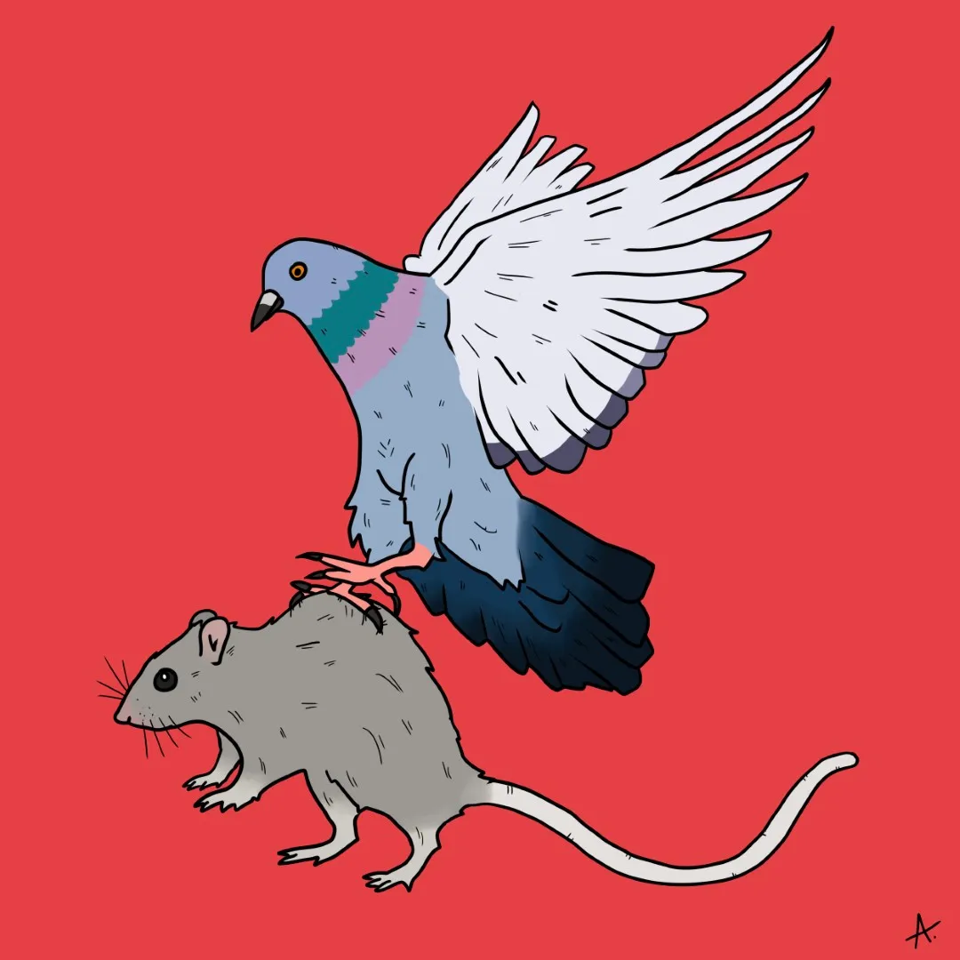 Sneaky cartoon rat character caught in a cleverly designed colorful trap