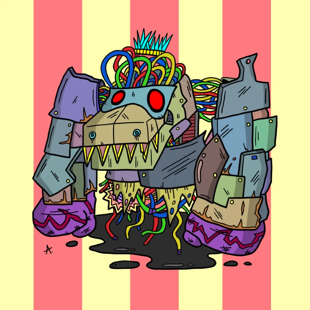 Mechanical crocodile robot with metallic jaws and glowing neon cybernetic parts