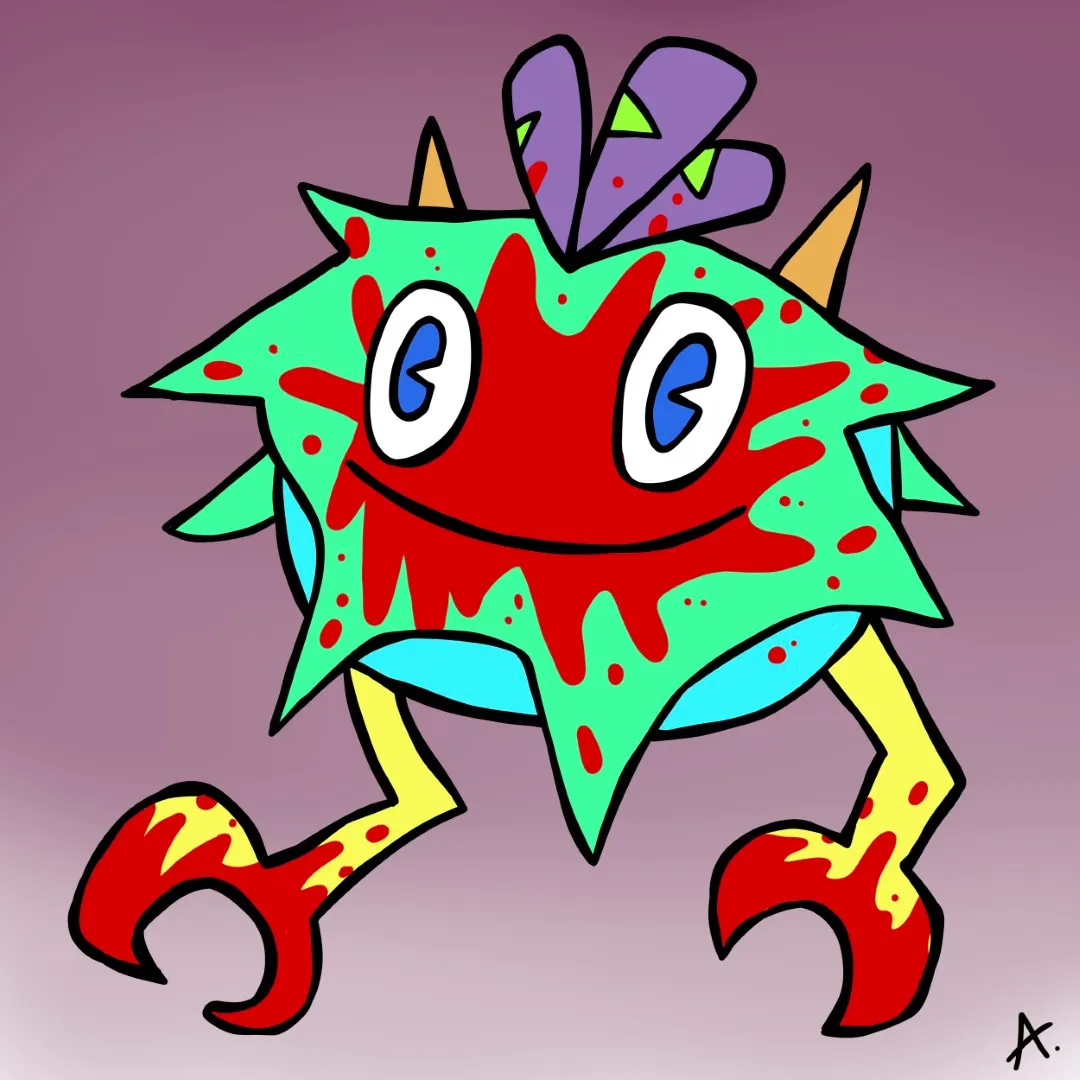 Cheerful yet eerie character with blood-red sanguine smiles and bold vibrant colors