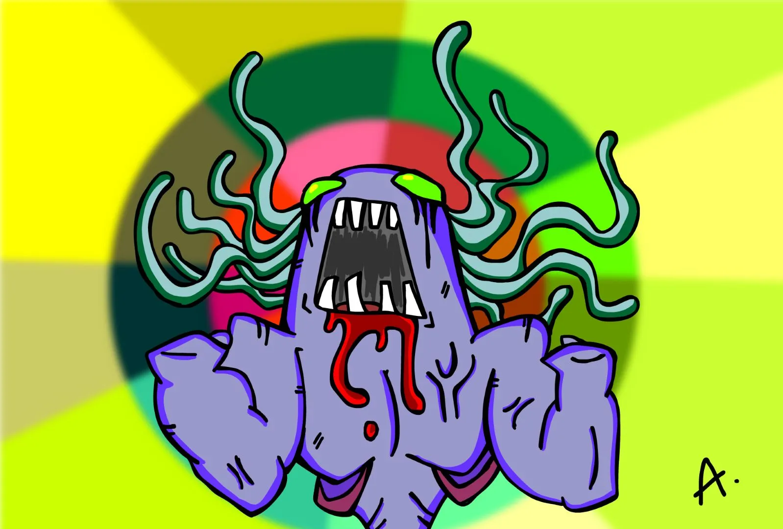 Frustrated screaming character slowly going nowhere in a vibrant colorful void