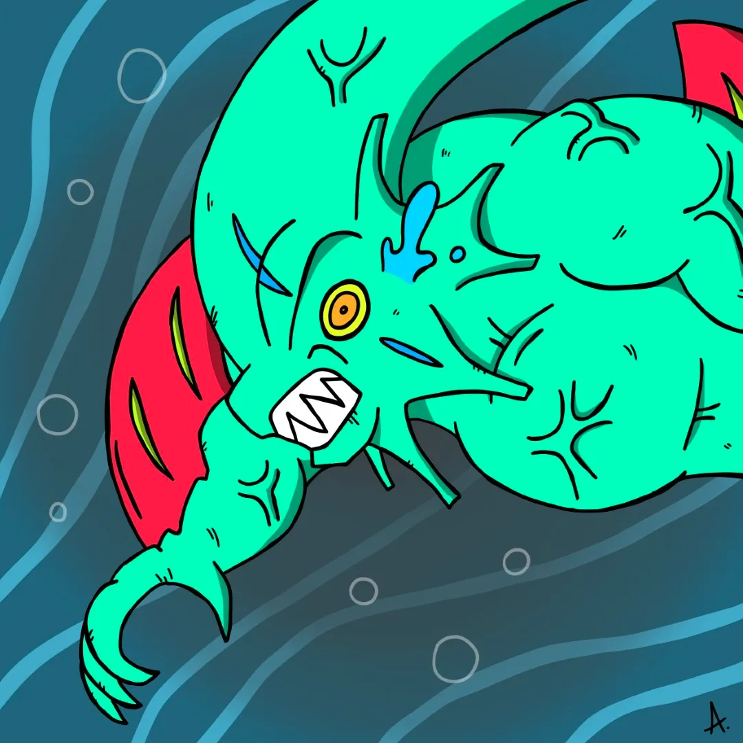 Bold and colorful cartoon shark character with a fierce toothy grin