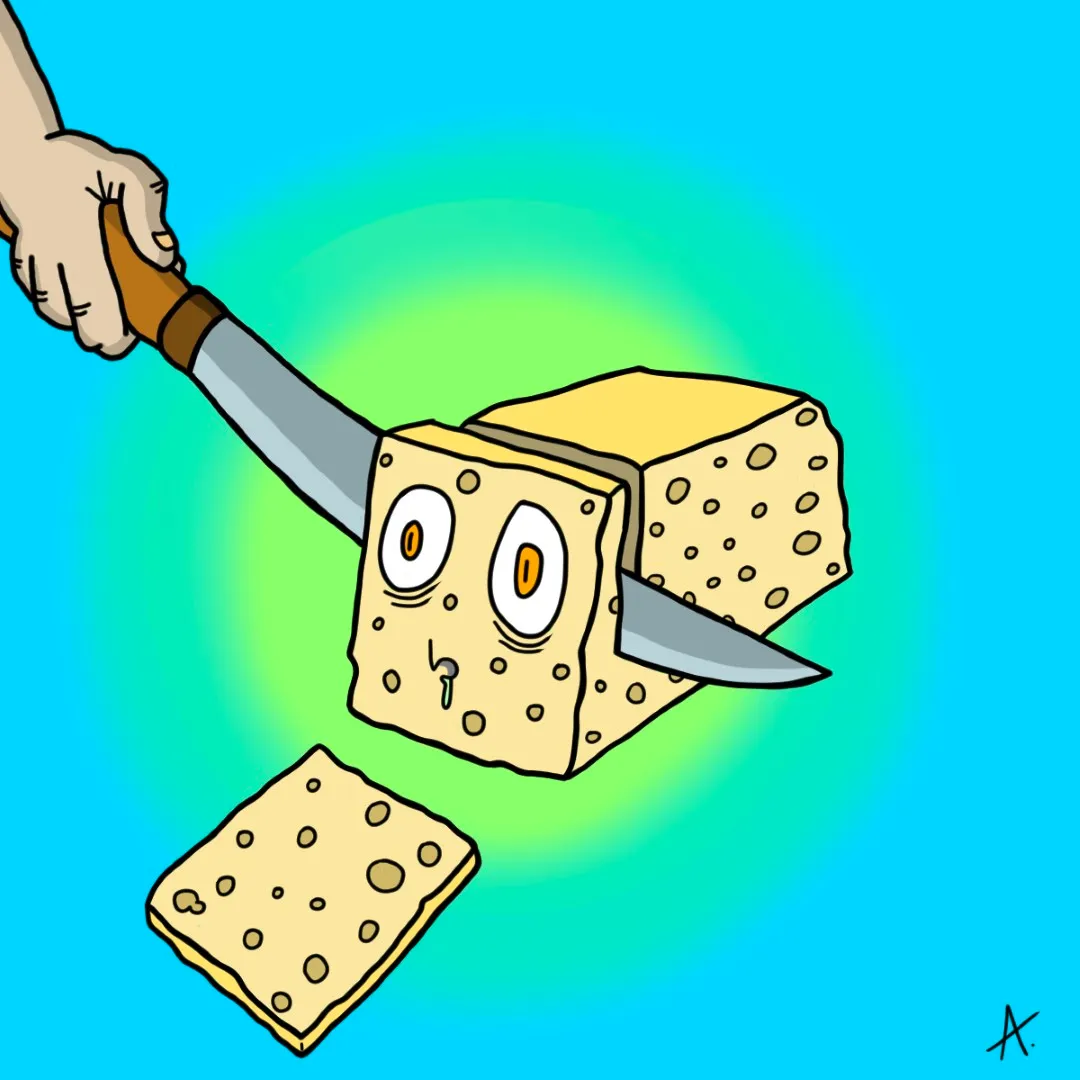 Sharp cartoon character delivering a dramatic colorful slicing action in bold pose