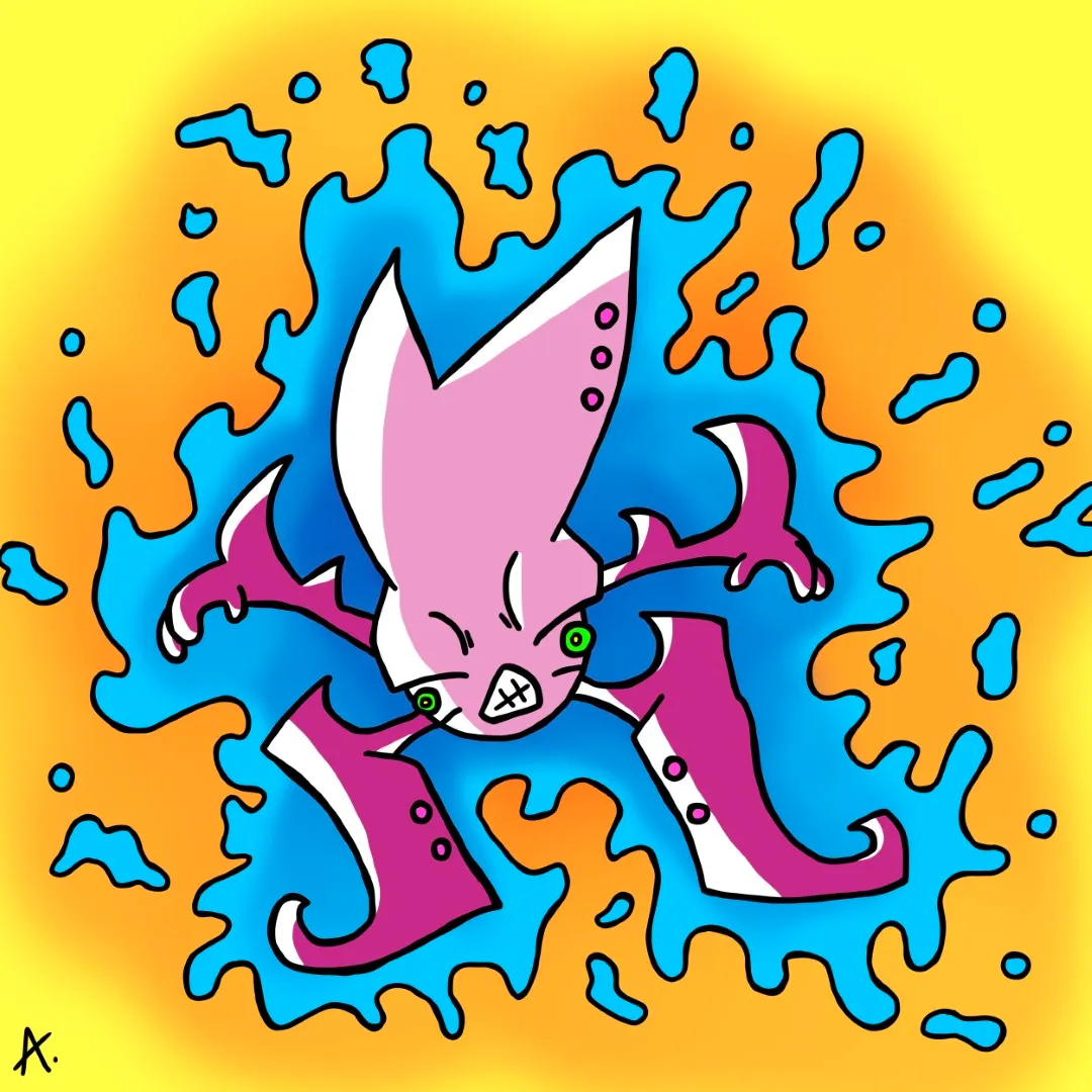 Overheated cartoon character melting under the intense vibrant summer sun