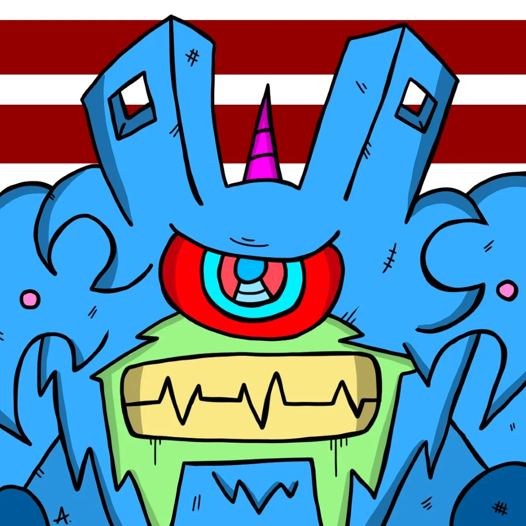 Friendly swamp creature emerging from murky colorful waters with a warm smile