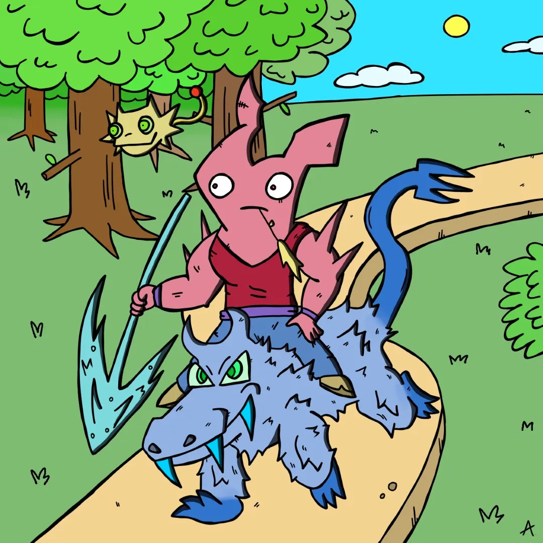 Adventurous character on a wild thrilling ride through a colorful vibrant landscape