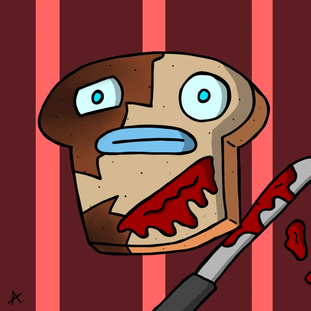 Crispy toast character looking freshly toasted with charred edges and warm glow