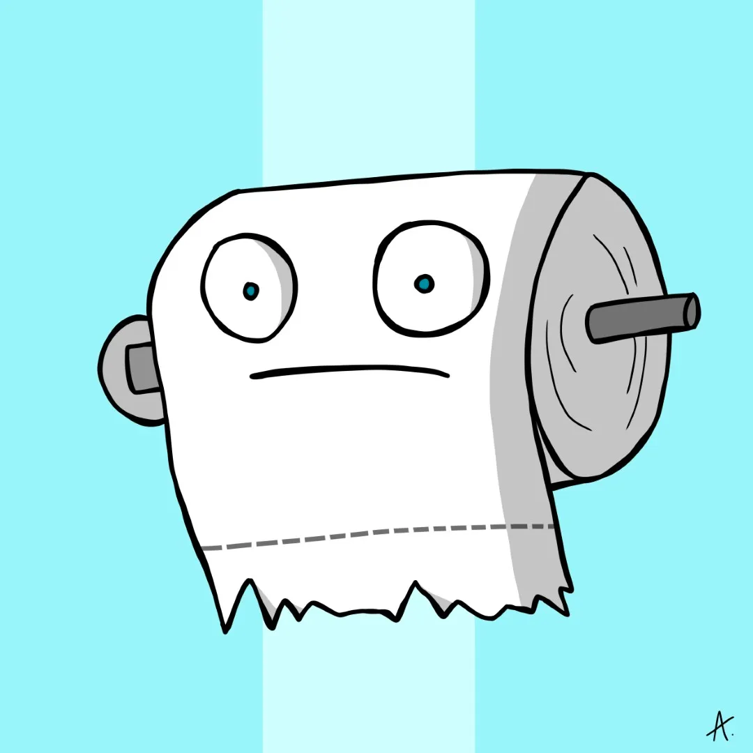 Hilarious cartoon character in a frantic panicked and colorful bathroom situation