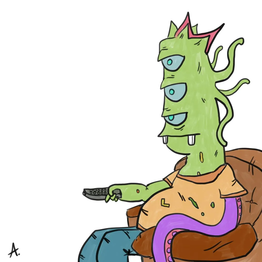 Three eyed green monster dressed as a human and trying to switch TV channels with remote control