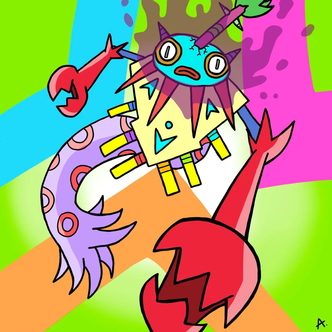 Colorful voodoo character surrounded by mystical vibrant magical energy and totems
