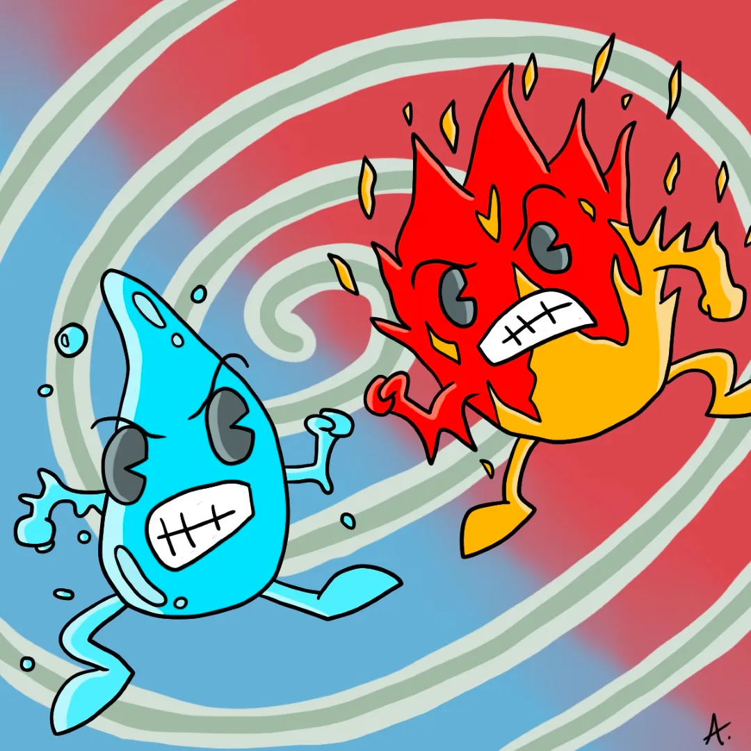 Epic clash between water and fire elemental characters in vivid bold colors