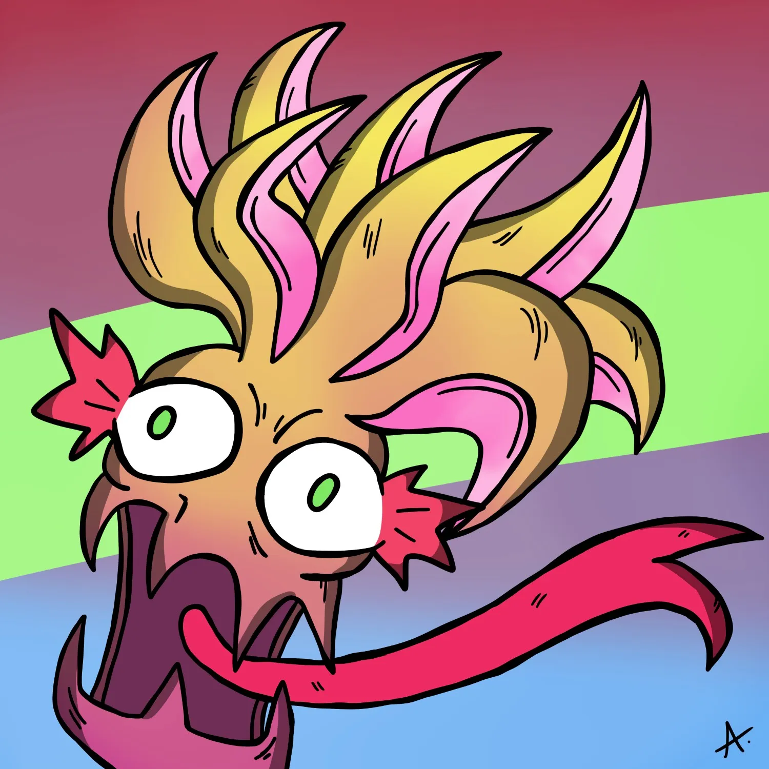 Electrifying cartoon character surging with untamed wild colorful energy