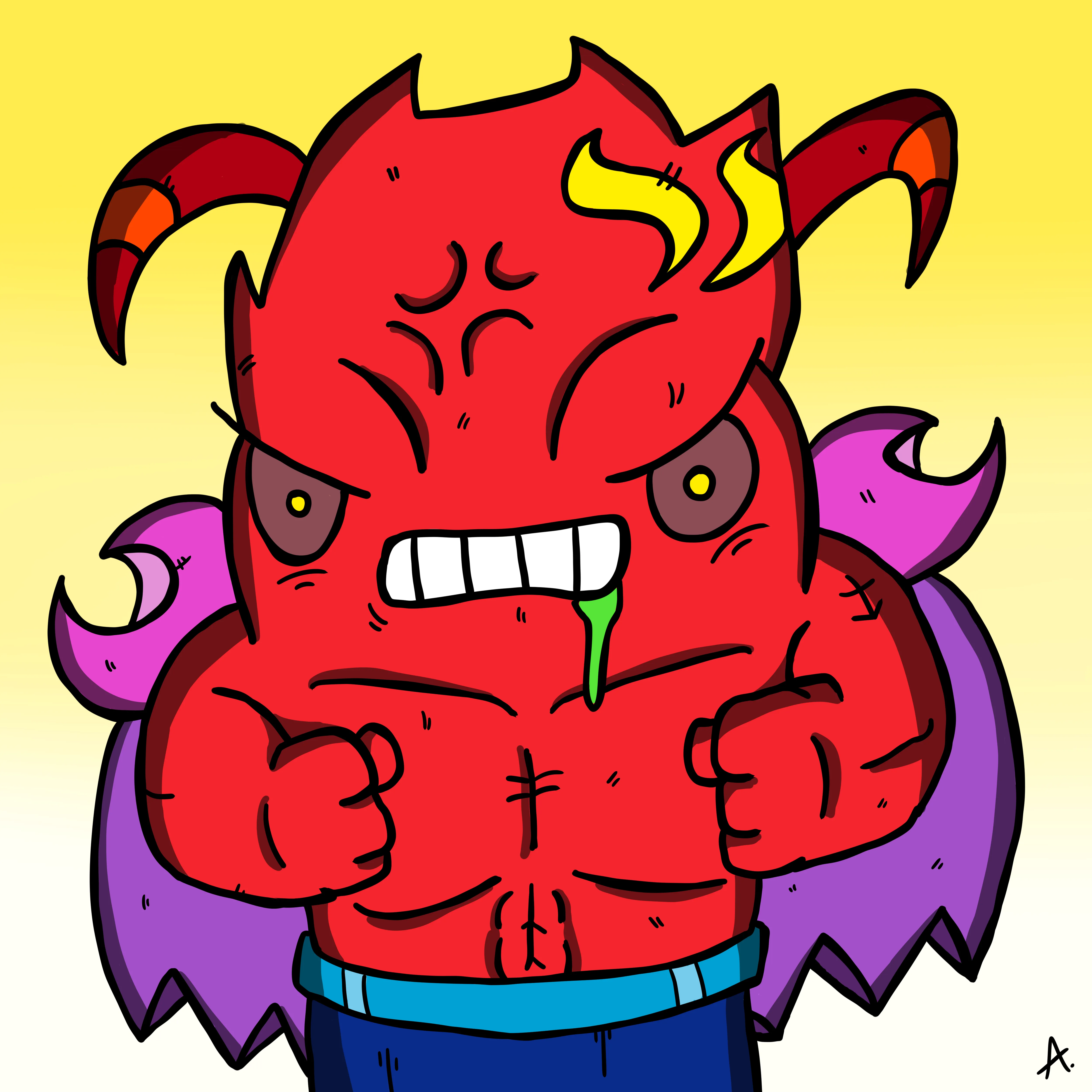 Furious little imp character with horns snarling in bold red and orange tones